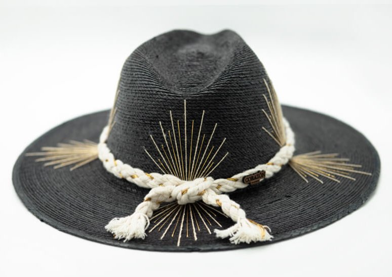 Agave Black Hand Embroidered Straw Hat