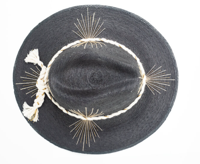 Agave Black Hand Embroidered Straw Hat