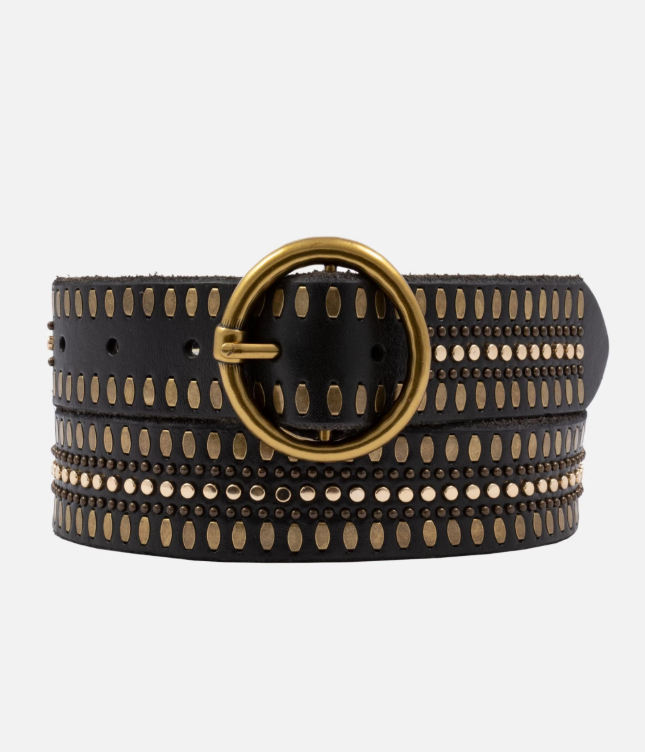Soraya | Studded Leather Belt with Gold Round Buckle (Black)