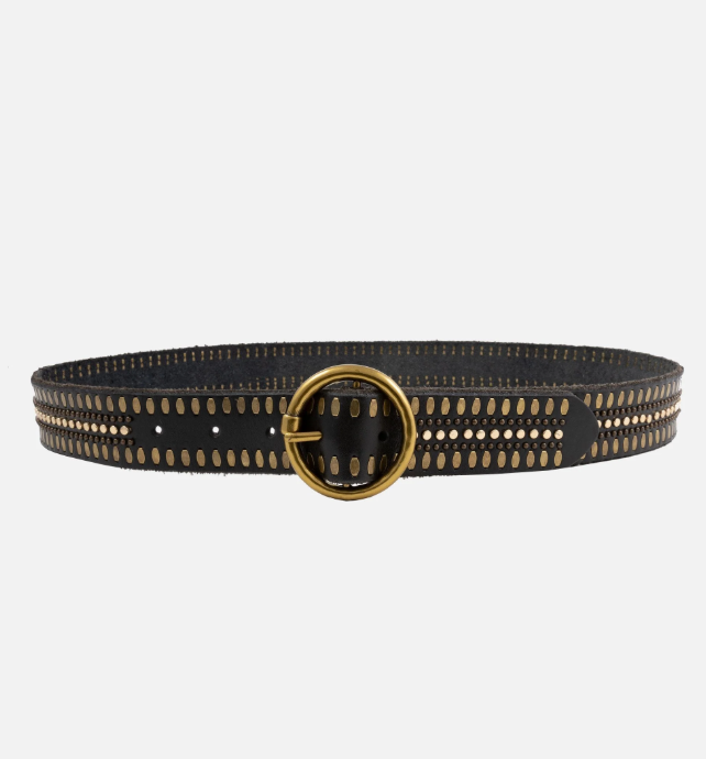 Soraya | Studded Leather Belt with Gold Round Buckle (Black)