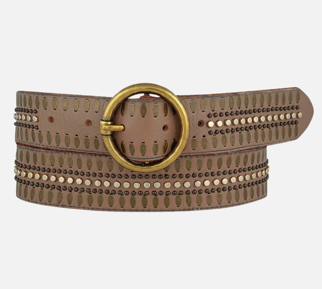 Soraya | Studded Leather Belt with Gold Round Buckle (Taupe)