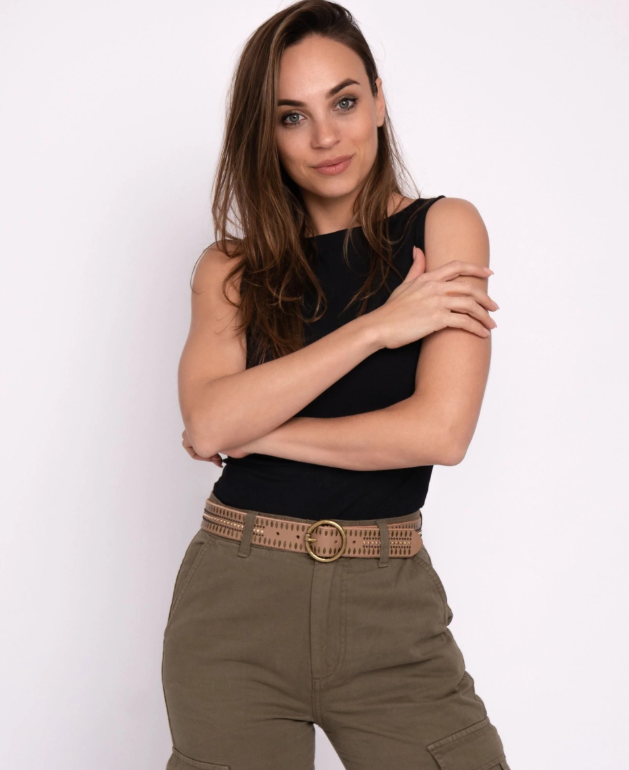 Soraya | Studded Leather Belt with Gold Round Buckle (Taupe)