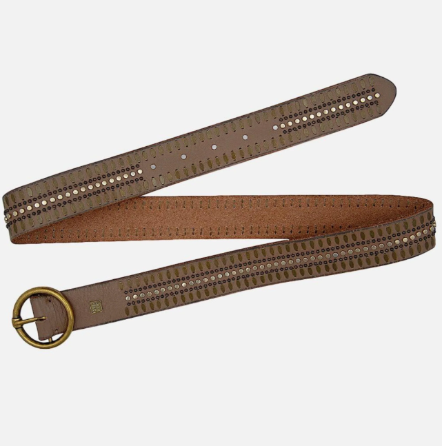 Soraya | Studded Leather Belt with Gold Round Buckle (Taupe)
