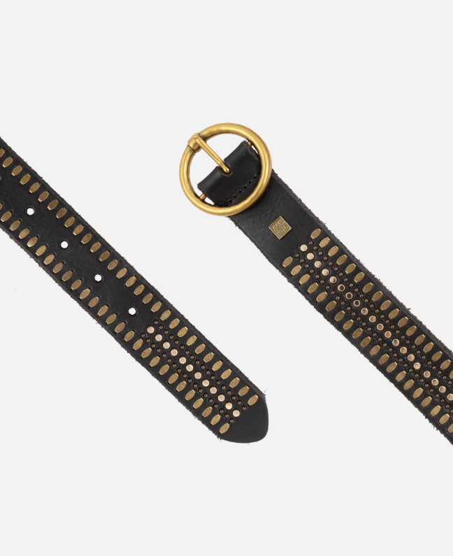 Soraya | Studded Leather Belt with Gold Round Buckle (Black)