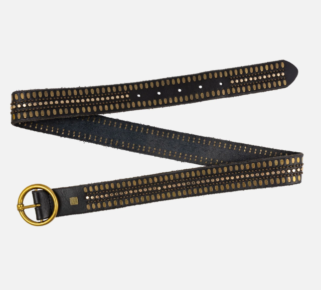 Soraya | Studded Leather Belt with Gold Round Buckle (Black)