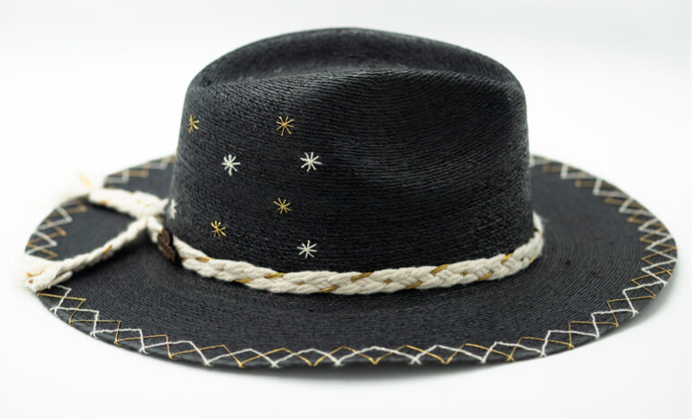 Stars Black Hand Embroidered Straw Hat