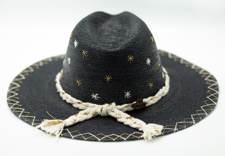 Stars Black Hand Embroidered Straw Hat