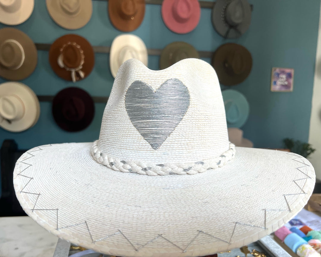 Ximena- Silver Heart Hand Embroidered Straw Hat