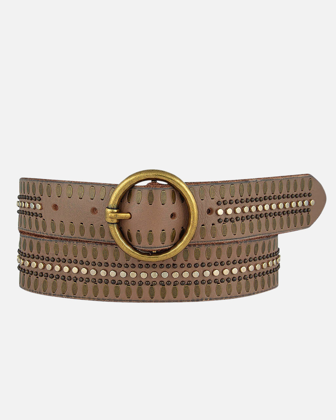 Soraya | Studded Leather Belt with Gold Round Buckle
