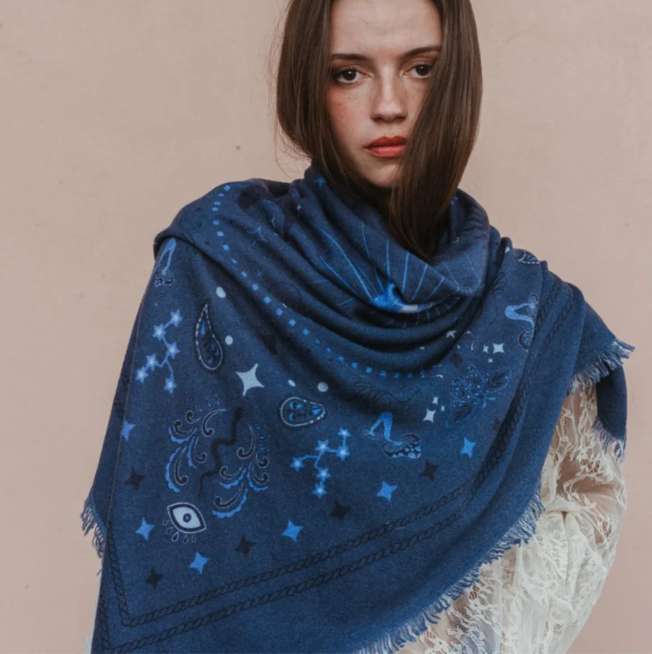 Cosmic Rodeo Cashmere Bandana Sweater Wrap- Denim/Navy/Sky