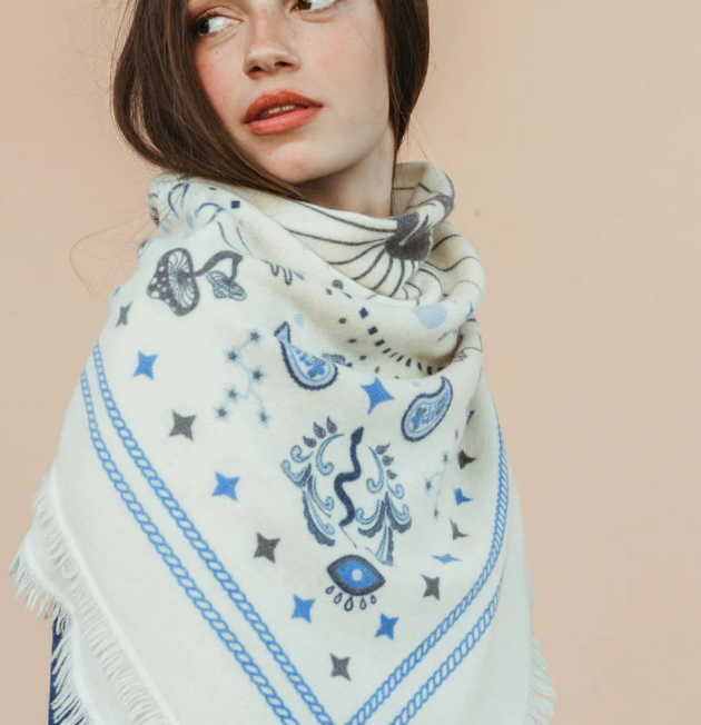 Cosmic Rodeo Cashmere Bandana Sweater Wrap - Ivory &  Blue