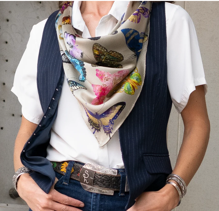 Butterflies Silk Scarf - Tan