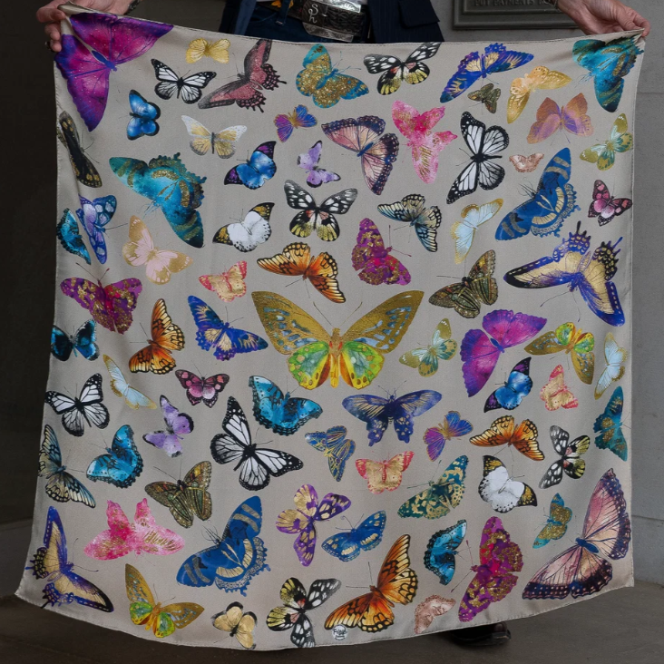 Butterflies Silk Scarf - Tan
