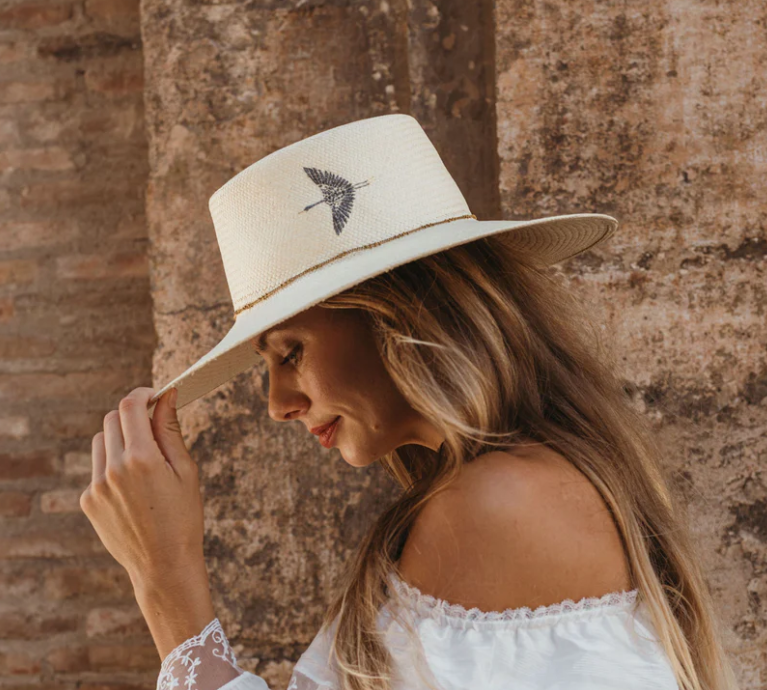 Crane Embroidered Straw Hat
