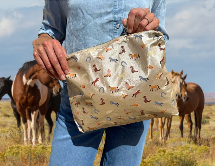 Western Equestrian on Shimmer Beige-  Medium Zipper Pouch