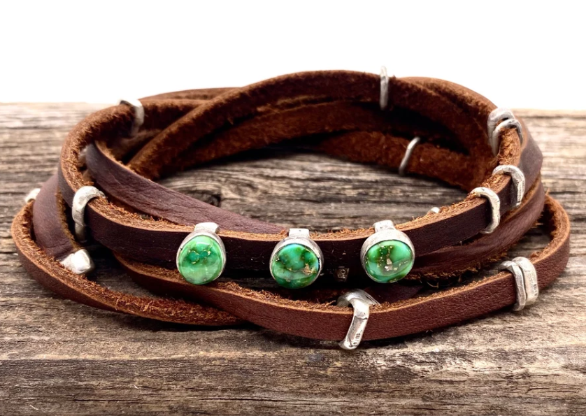 The Wyatt Ultimate Brown Leather Wrap Hat Band - Bracelet - Choker - Green Turquoise