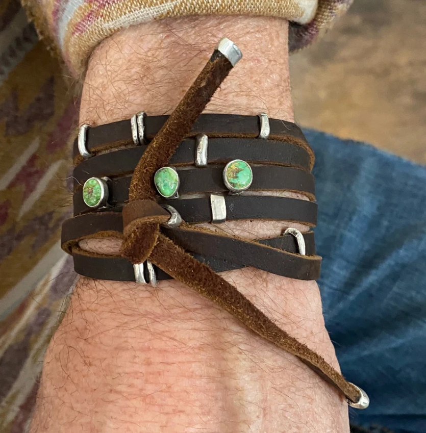 The Wyatt Ultimate Brown Leather Wrap Hat Band - Bracelet - Choker - Green Turquoise