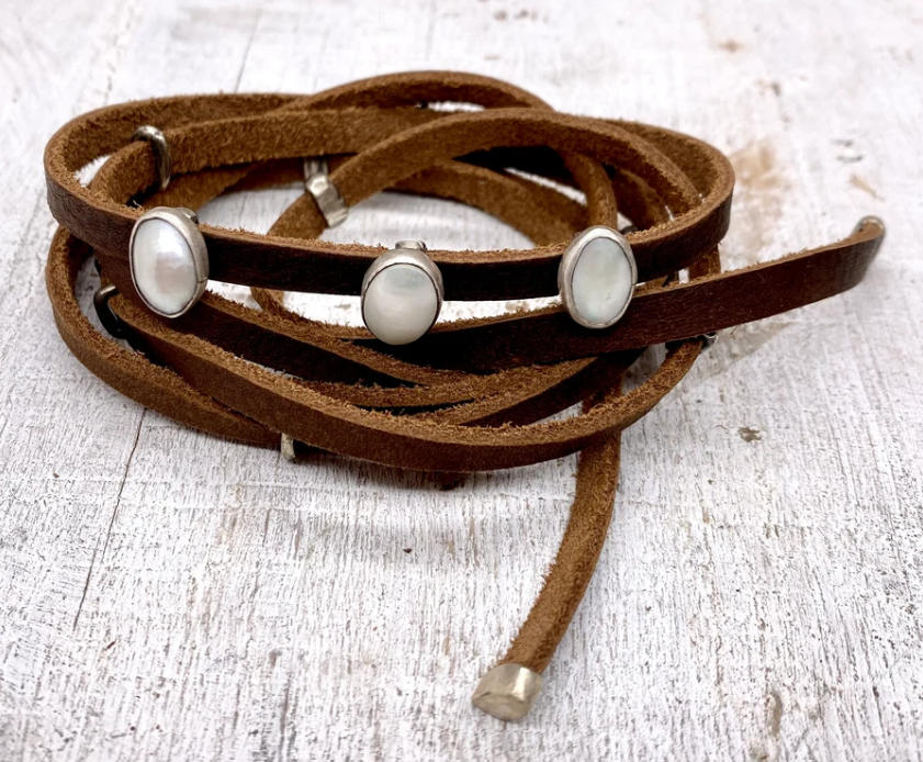 The Wyatt Ultimate Brown Leather Wrap Hat Band - Bracelet - Choker - Pearl