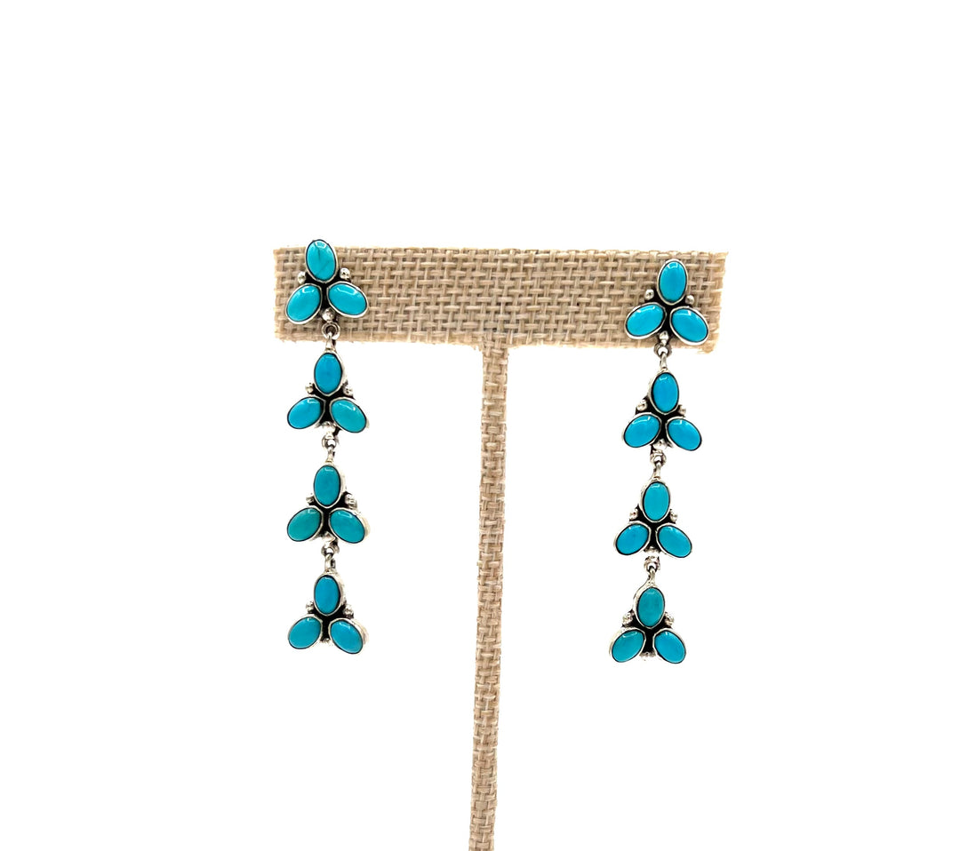 Turquoise  & Silver Tri Floral Drop Earrings